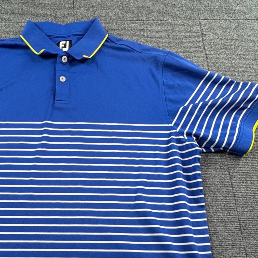 FootJoy Mens Blue White Striped Golf Polo Shirt Yellow Trim Size Large FJ Lisle